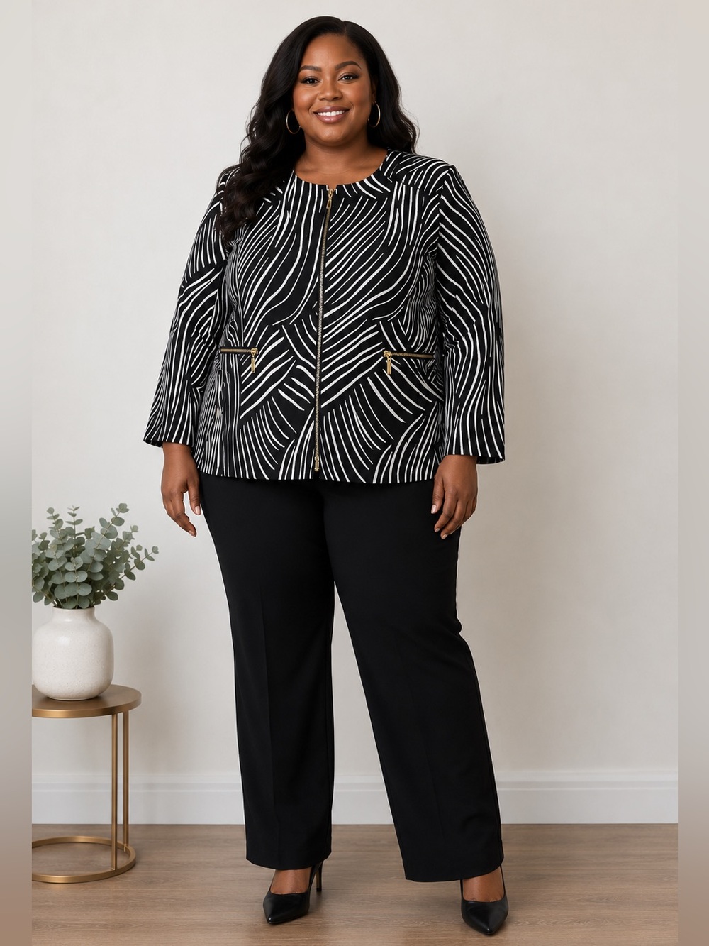 Chico's Black and White Zebra-Stripe Zip Jacket